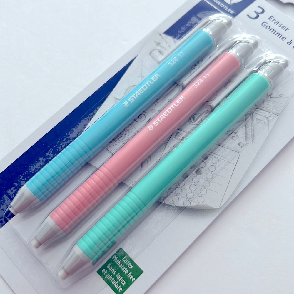 🆕 NEW Staedtler 3 Pcs Eraser with Push Button to Advance (Pastel Erasers)